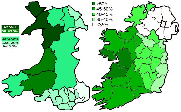 Maps indicate concentrated areas if Irish speakers in Ireland (left) and Welsh speakers in Wales (right) 