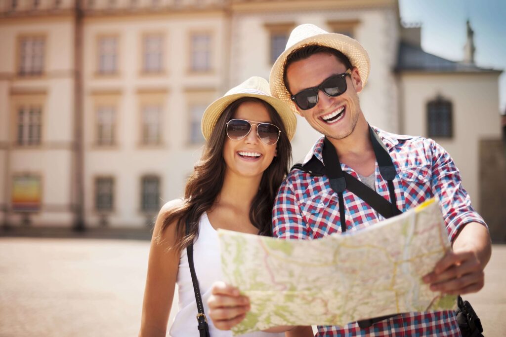 Tourists going around Lisbon using Portuguese phrases